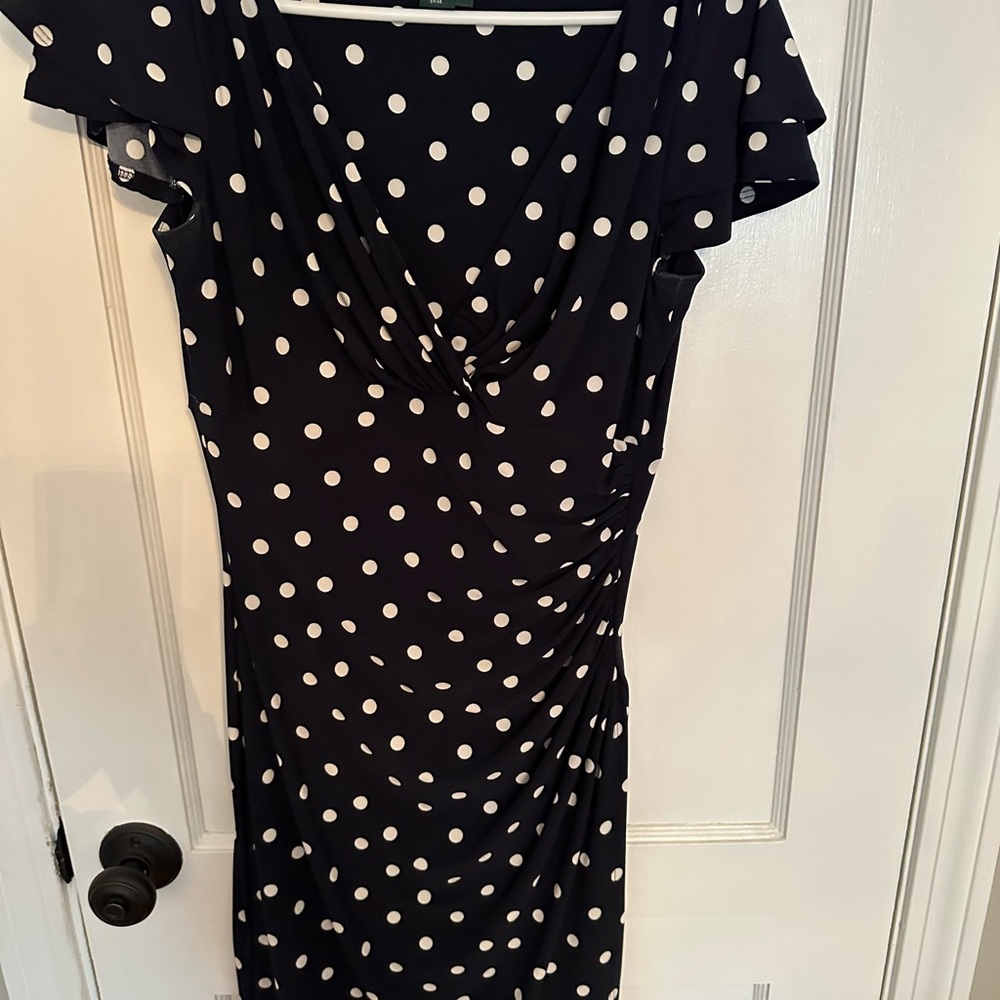 Ralph Lauren Navy Blue and White Polka Dot Midi Dress